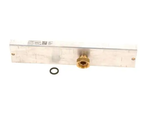 Bosch-Düsenplatte aus Aluminium mit Messinganschluss und Gummidichtung, geeignet für Anwendungen in der Spritzwerktechnik oder ähnlichem.